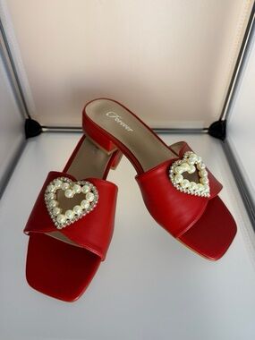 Forever Link Red Pearl Heart Slide Mules
